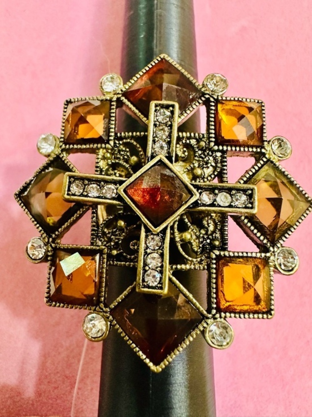 Gold Tone Amber Rhinestone Statement Ring ✨ Adjustable NWT - Picture 1 of 3